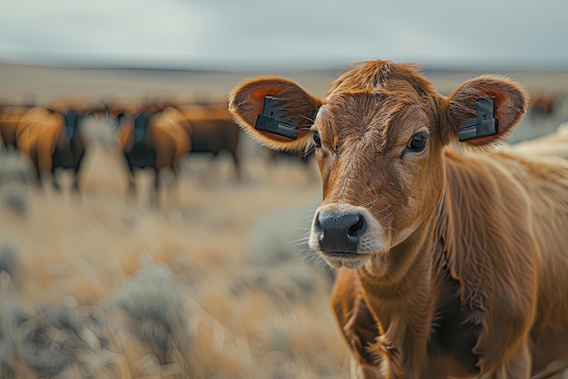 Cow with ear tags stands in a field with other cows