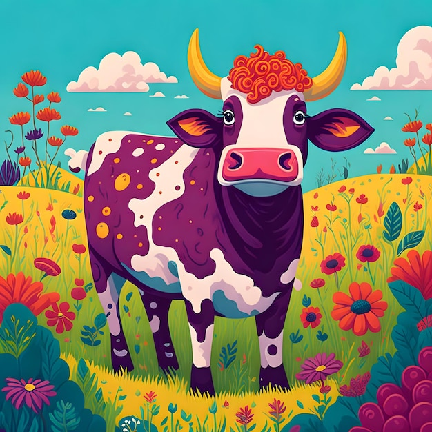 A cow with a flower on its head stands in a field.