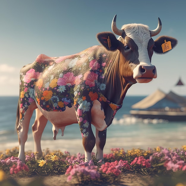 A cow with a flower painted on it