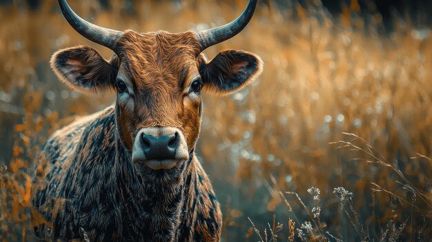 A cow with horns is standing in a field of tall grass a peaceful and natural feel