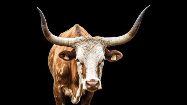 a cow with horns that has a brown face and horns.