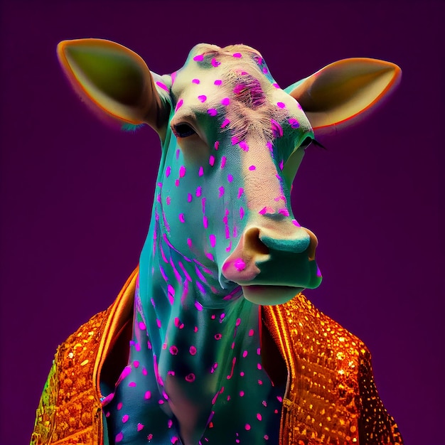 A cow with a jacket that says'cow'on it