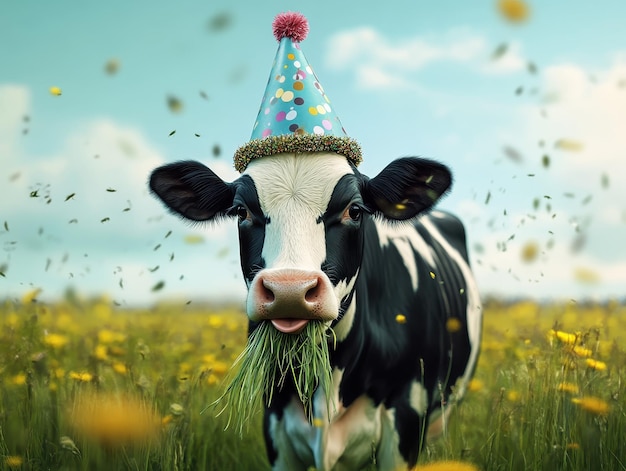 Photo cow with a party hat chewing grass looking like its celebrating