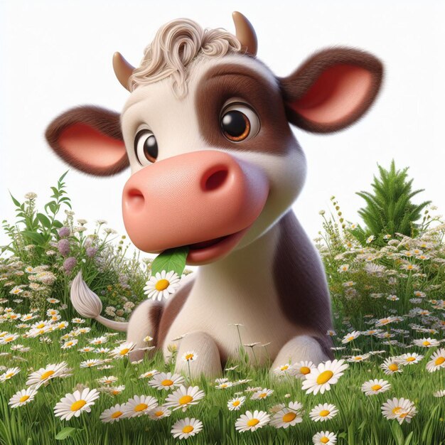 a cow with a pink nose and a flower in the grass