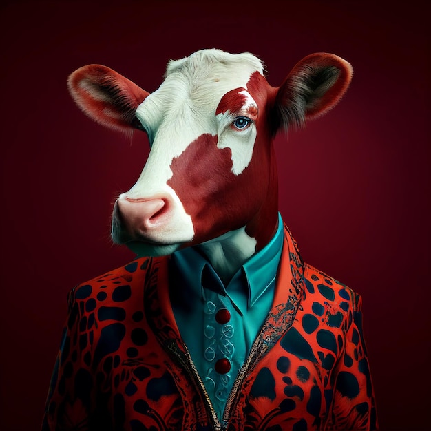 A cow with a red jacket and blue pants is wearing a red jacket with a blue and yellow pattern.