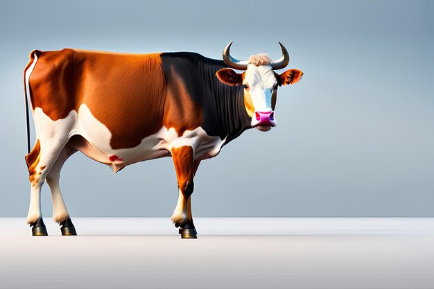 A cow with a red nose and white markings isolated on white background