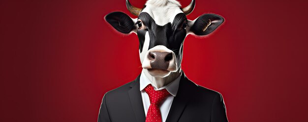 a cow with a red tie and a black and white cow on it