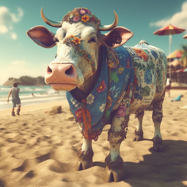 A cow with a scarf on it stands on a beach with a beach umbrella in the background.