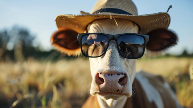 Photo a cow with a straw hat and sunglasses looks at the camera with a comical expression