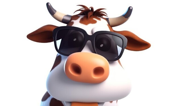 A cow with sunglasses and a black nose is wearing a pair of sunglasses.