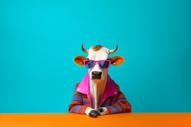 Photo a cow with sunglasses on his head sits on a table