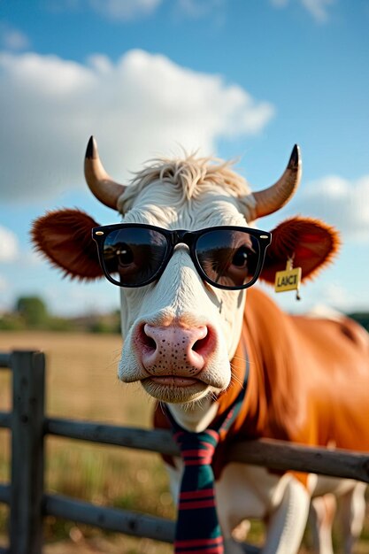 Photo a cow with sunglasses and a tie leaning against the fence