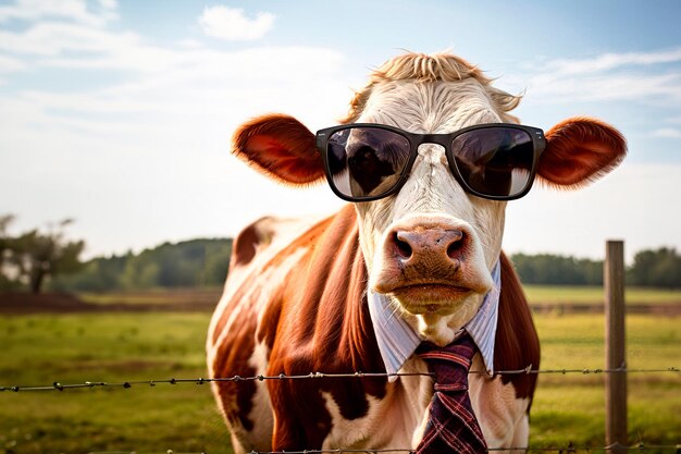 Photo a cow with sunglasses and a tie leaning against the fence