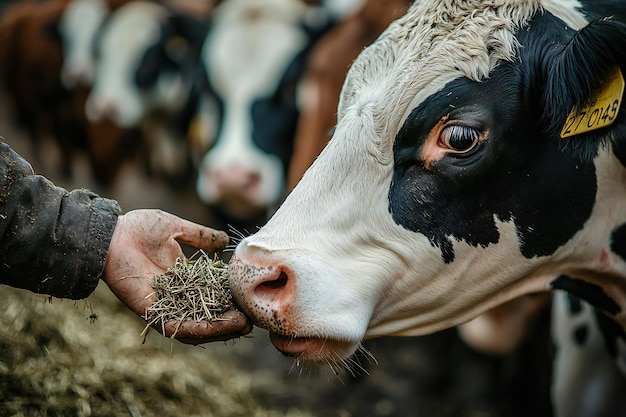 Photo a cow with a tag in its ear is eating hay