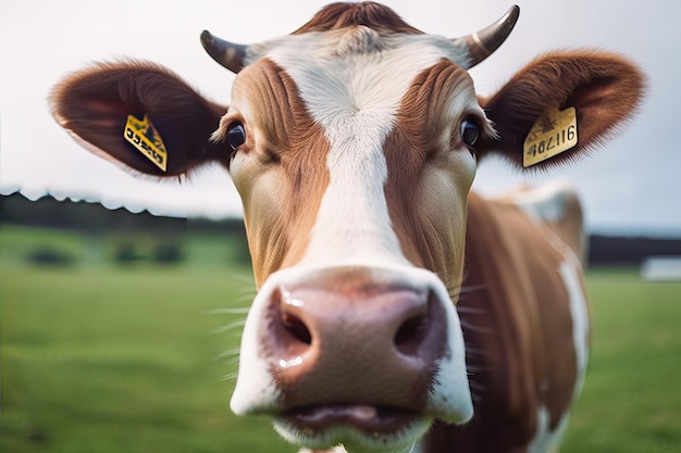 A cow with a tag on its ear is shown with the word heart on it.