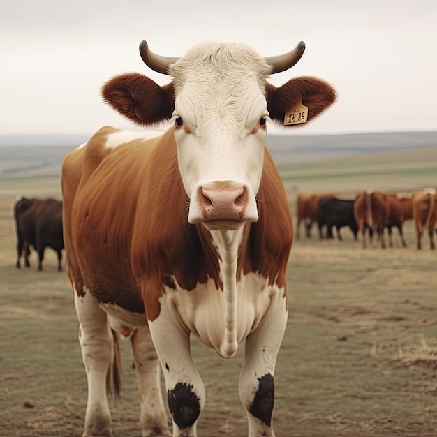 A cow with a tag on its ear is standing in a field of cattle.