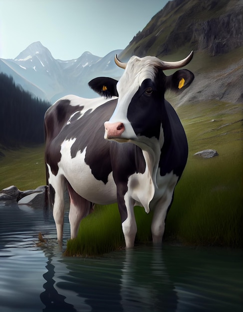 A cow with a tag on its ear is standing in a lake.