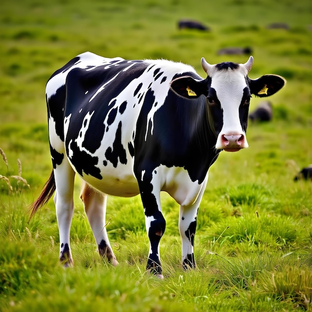 a cow with a tag in its ear stands in a field