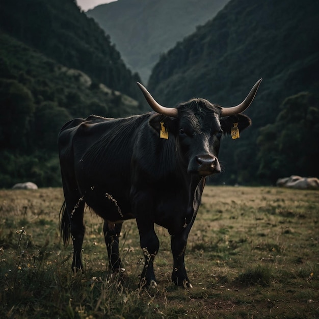 a cow with a tag in its ear stands in a field