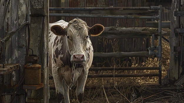 a cow with a tag in its ear stands in front of a fence