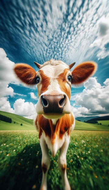 a cow with a tag in its mouth is in a field with a sky background