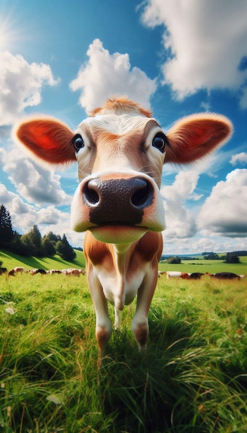 a cow with a tag in its mouth is in a field