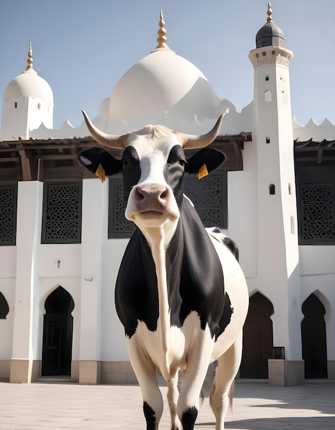 Photo a cow with tags on its ears stands in front of a building