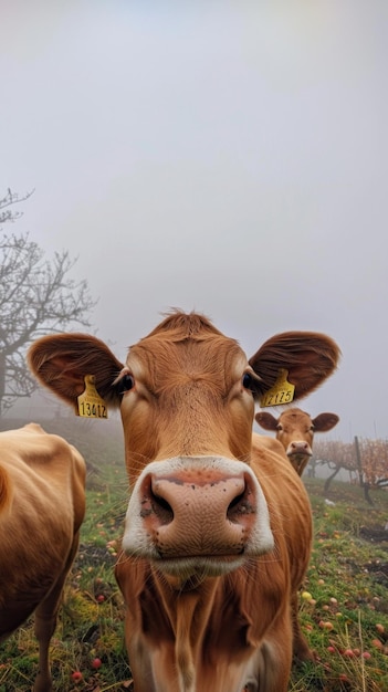 Photo a cow with yellow tags on its ears is looking at the camera