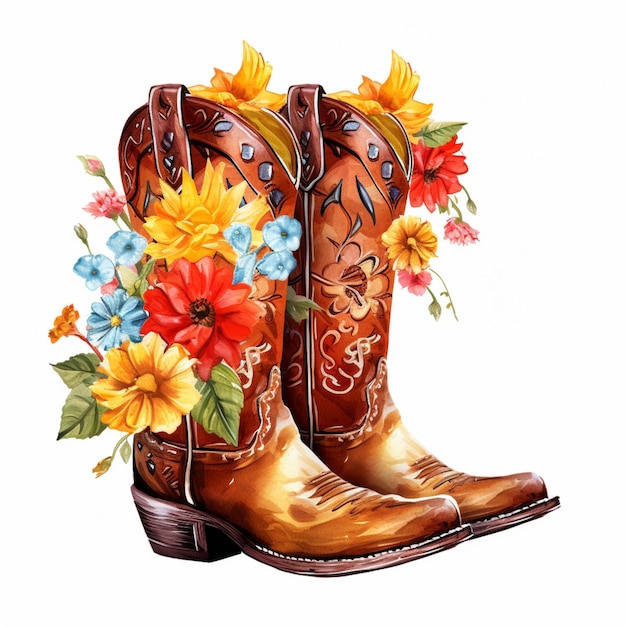 Cowboy boots with flowers and leaves on them are shown generative ai