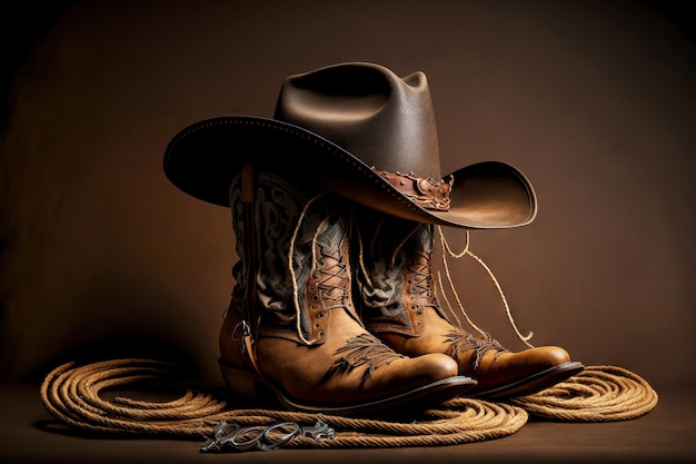 Cowboy boots with sharp noses and next to hat with rope