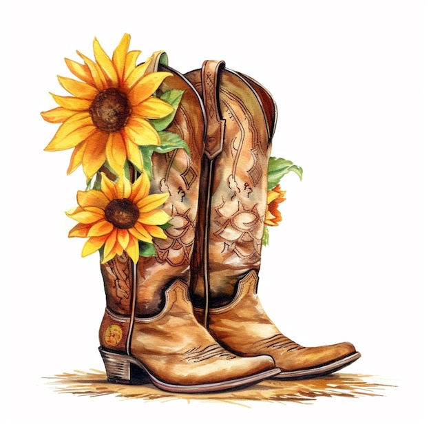 Cowboy boots with sunflowers and leaves on them generative ai