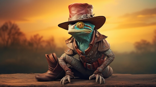 a cowboy chameleon with a cowboy hat and boots