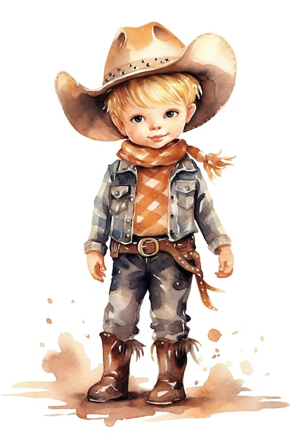 Cowboy character watercolor clipart cute isolated on white background with Generative AI