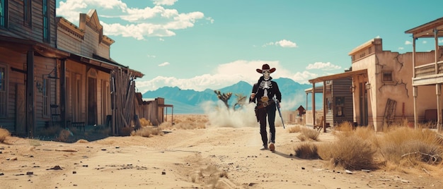 Photo a cowboy in a dusty old western town struts confidently with mountains in the background evoking scenes of classic western films