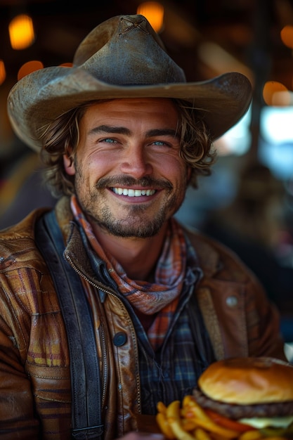 Cowboy enjoying a burger and fries