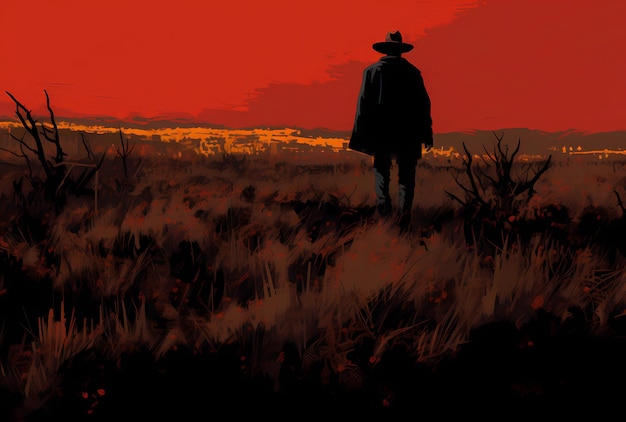 cowboy in a field on the background of the setting sun