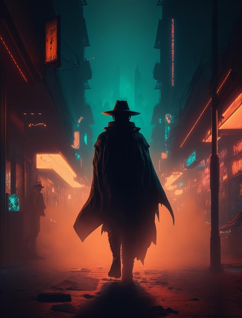 a cowboy gunslinger walking the neon lit streets Generative AI