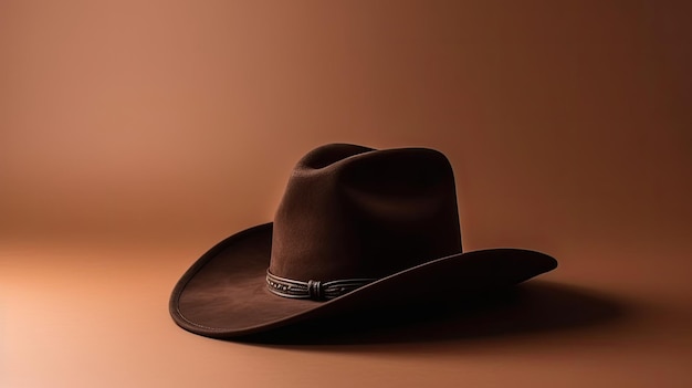 A cowboy hat is on a brown background with the word cowboy on it.