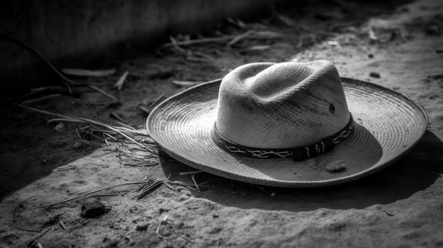 A cowboy hat is laying on the ground with the sun shining on it.