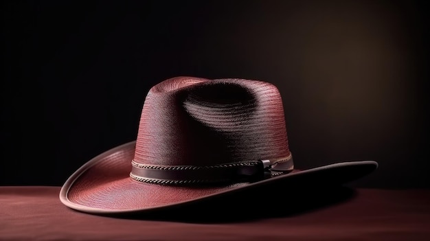 A cowboy hat is on a table with a dark background.