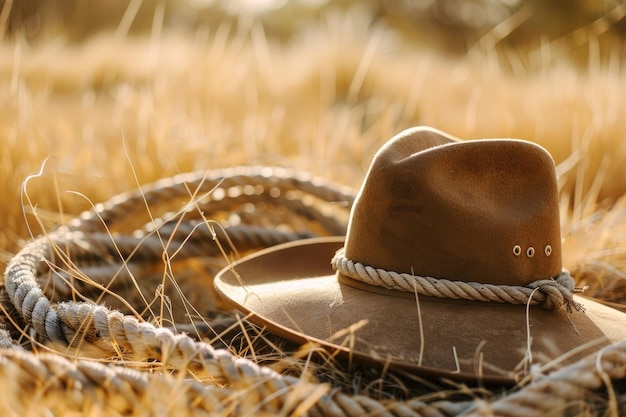 Photo cowboy hat and rope outdoors