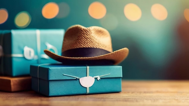 a cowboy hat sits in a blue box with a ribbon around it