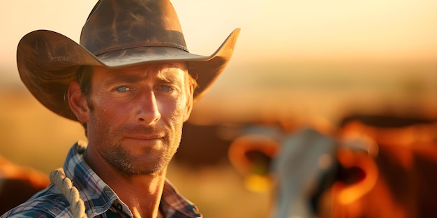 Cowboy in Hat with Rope in Tranquil Pasture Filled with Cattle Concept Western Theme Cattle Ranch Tranquil Pasture Cowboy Lifestyle Outdoor Photography