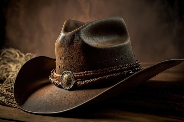 Cowboy hat on a wooden table. Vintage style in dark brown leather colors