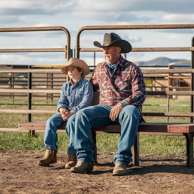 A cowboy and his son sit on a ranch