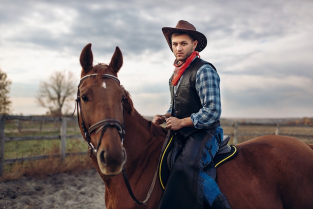 Cowboy in jeans and leather jacket riding a horse on texas farm, western. Vintage male person on horseback, american culture