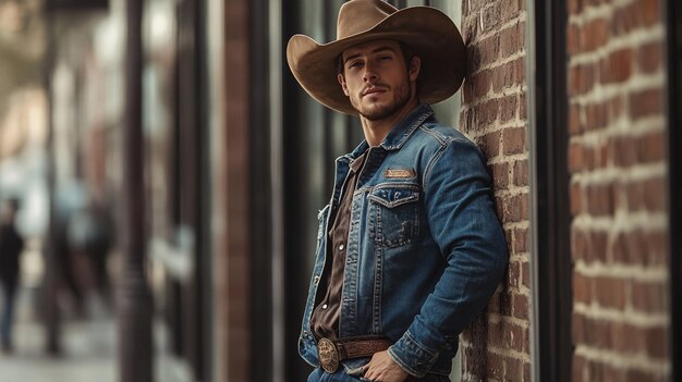 Photo cowboy leaning against brick wall in city setting