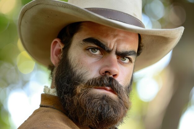 Photo cowboy portrait with intense gaze and traditional hat outdoors