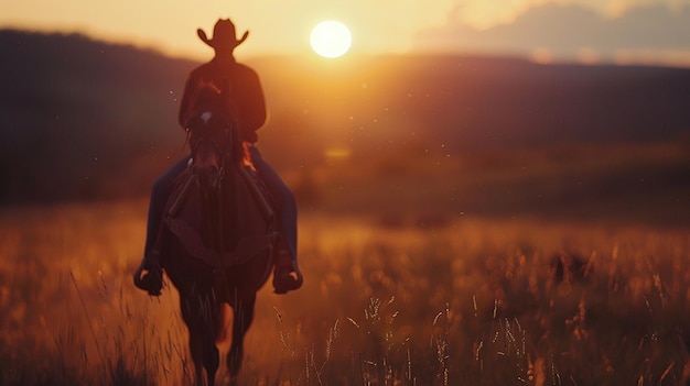 Photo a cowboy rides his horse in the sunset