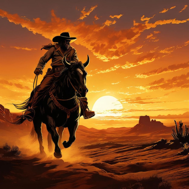 Photo a cowboy rides a horse in the desert with a mountain in the background